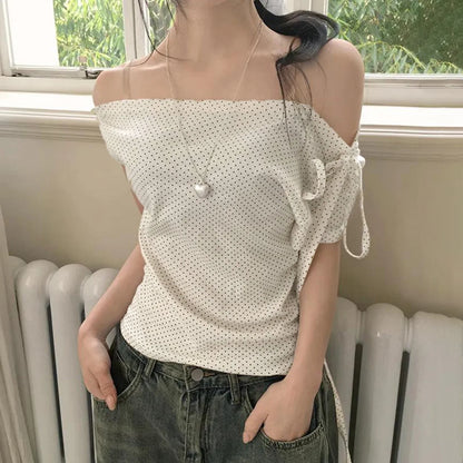 Women’s Sweet Polka Dot One Shoulder T-Shirt Korean Style Slim Fit Summer Casual Office Top