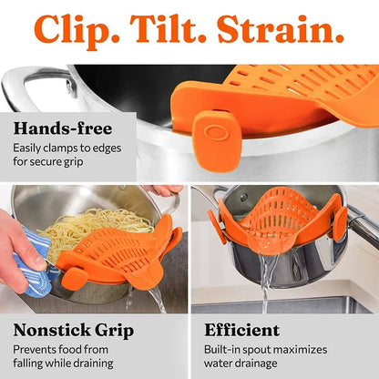 Universal Silicone Clip-On Pot Strainer – Food-Grade Anti-Spill Pasta Colander with Secure Pan Attachment, Reusable Fruit & Vegetable Drainer
