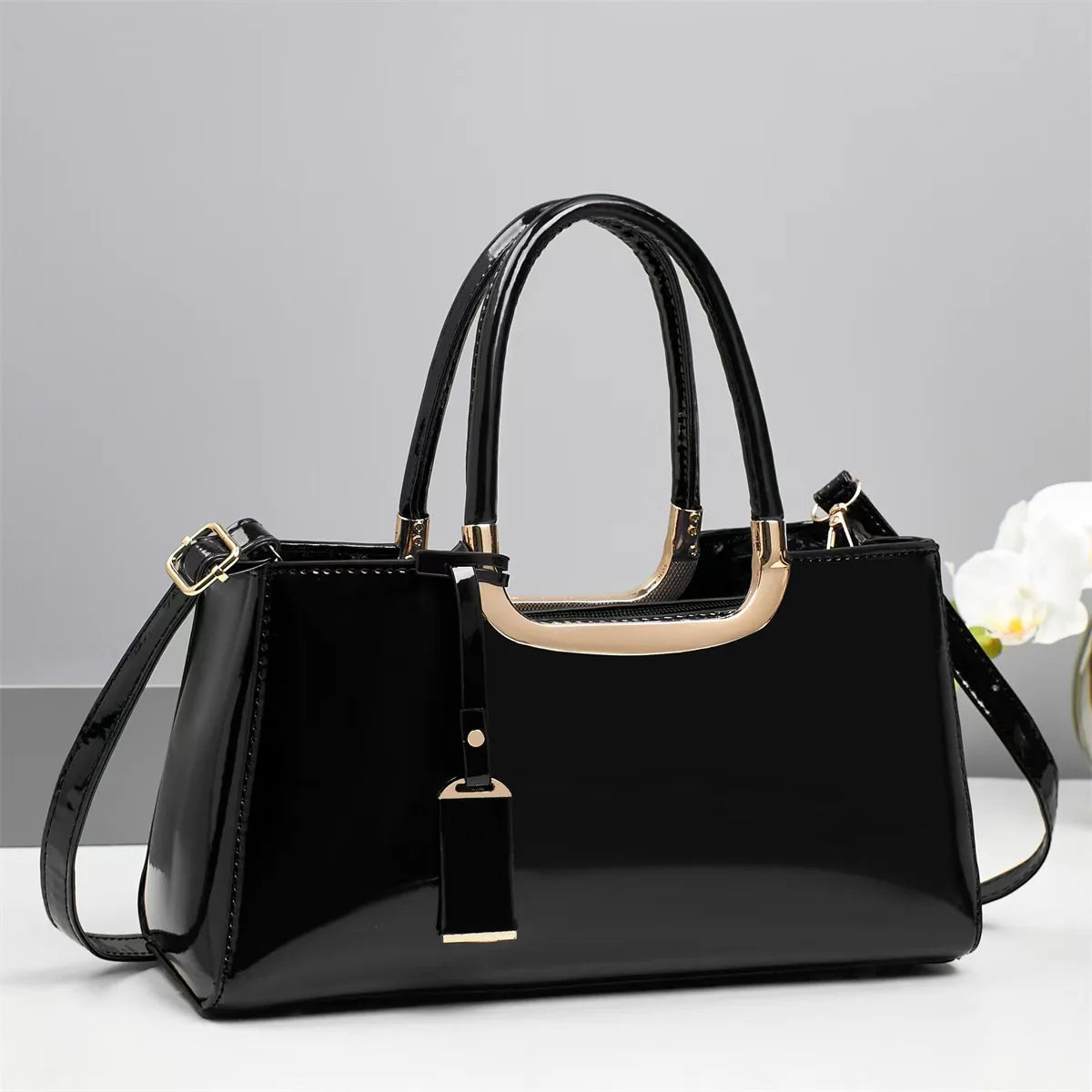 Women's Glossy Leather Tote Bag – Large Square Shoulder & Crossbody Handbag, Stylish Fashion Purse for Everyday Use