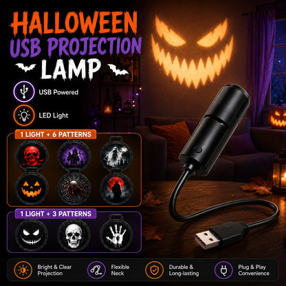 Halloween USB Projection Lamp with 3 or 6 Pattern Slides, LED Ghost Bat Skull Spider Projector Light for Halloween Party, Bedroom, Indoor Holiday Decorations