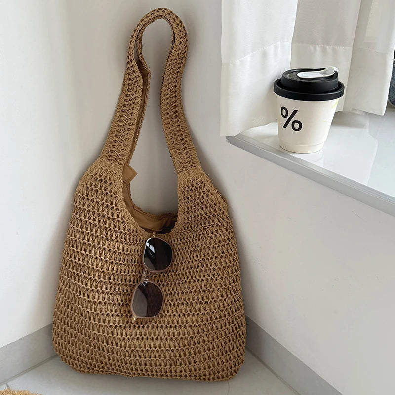 Sac à bandoulière en rotin tressé pour femmes – Grand sac cabas en paille tressée, sac de plage d'été pour femmes, sac de voyage décontracté pour les vacances, le shopping et un usage quotidien