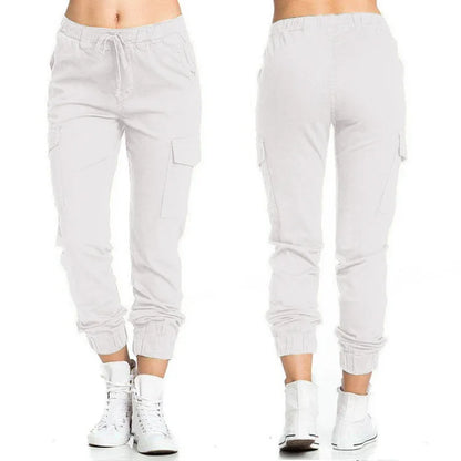 Women's Cargo Jogger Pants – Solid Color Multi-Pocket Drawstring Trousers with Elastic Waist, Casual Sportswear & Streetwear Long Pants