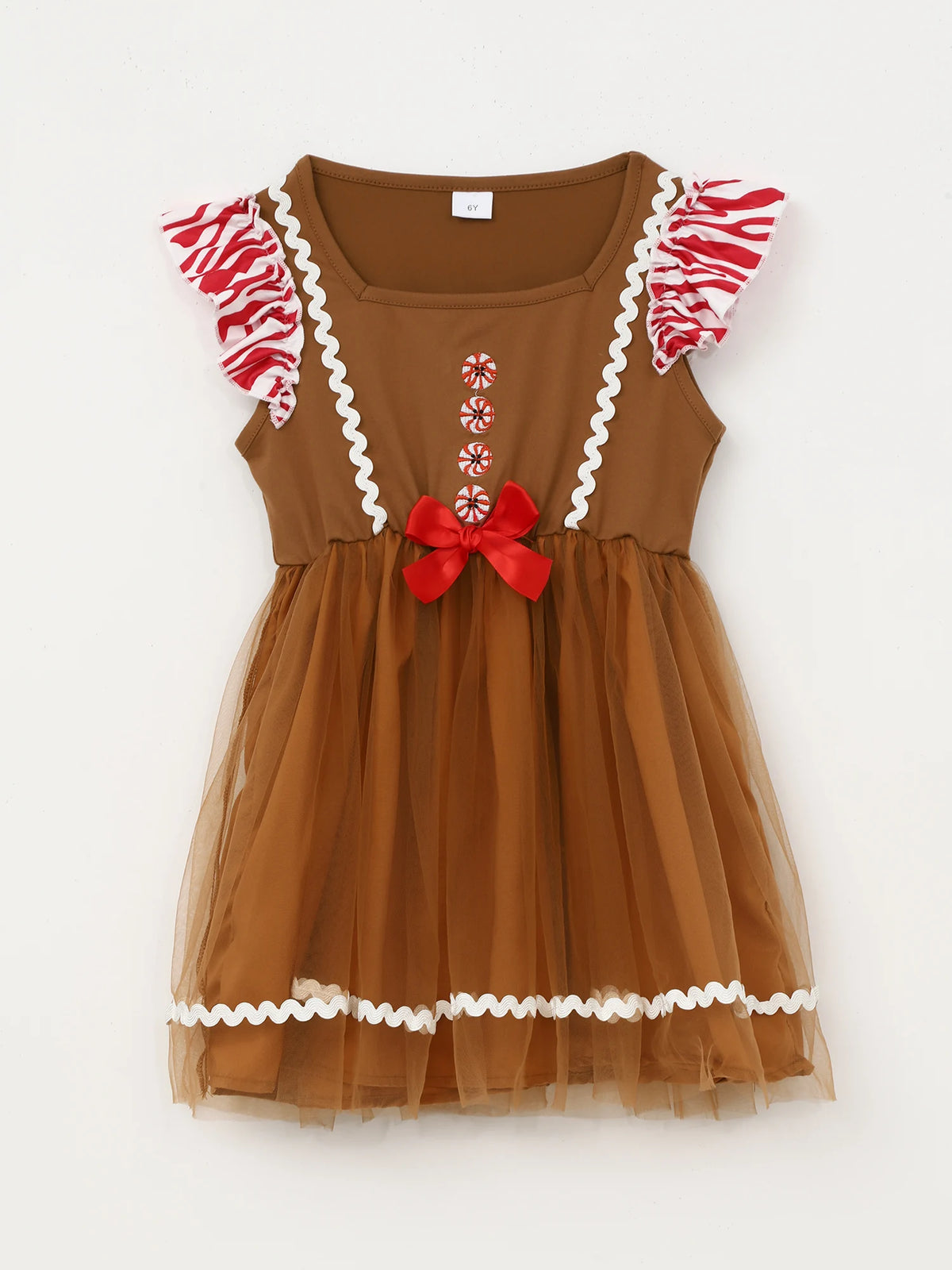 Girls' Christmas Gingerbread Man Costume Tulle Tutu Dress, Square Neck Short Sleeve Cosplay Outfit for Xmas and New Year Parties, Holiday Photo Shoots and Dress-Up Events