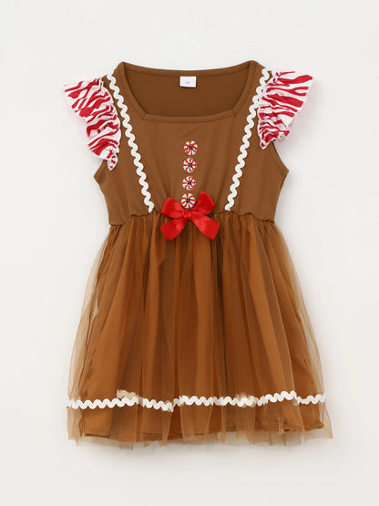 Girls' Christmas Gingerbread Man Costume Tulle Tutu Dress, Square Neck Short Sleeve Cosplay Outfit for Xmas and New Year Parties, Holiday Photo Shoots and Dress-Up Events