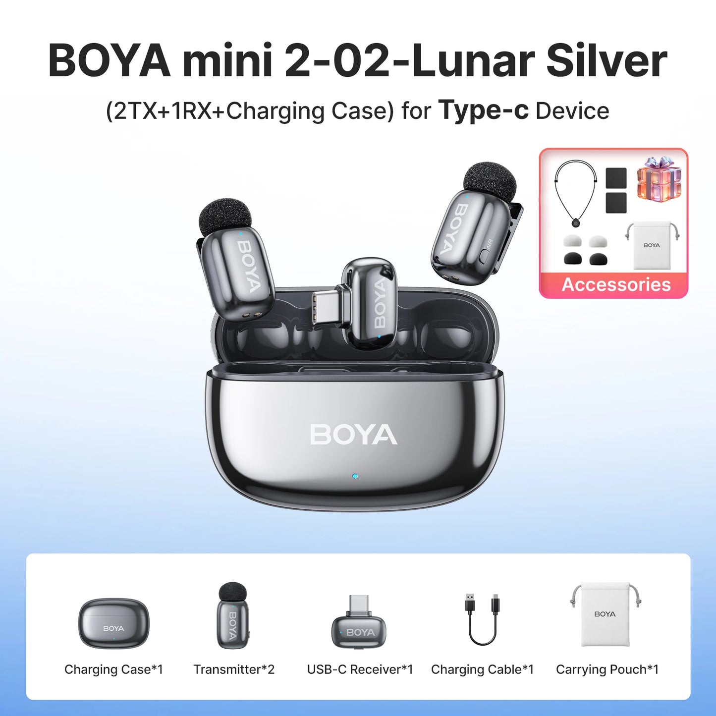 BOYA Mini 2 Wireless Lavalier Microphone – Mini Clip-On Mic with AI Noise Reduction for iPhone, Android & USB-C Video Recording