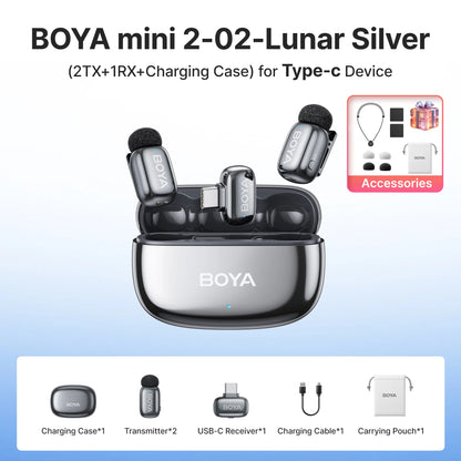 BOYA Mini 2 Wireless Lavalier Microphone – Mini Clip-On Mic with AI Noise Reduction for iPhone, Android & USB-C Video Recording