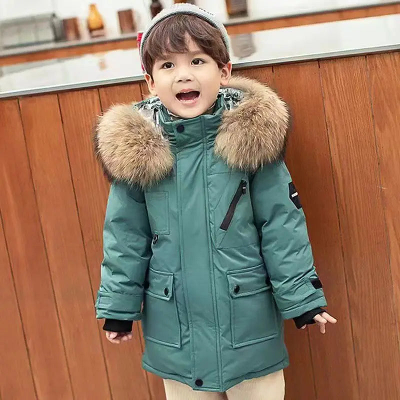 Kids’ Thick Velvet-Lined Winter Parka – Warm Cotton-Padded Coat with Fur Collar & Hood for Boys and Girls