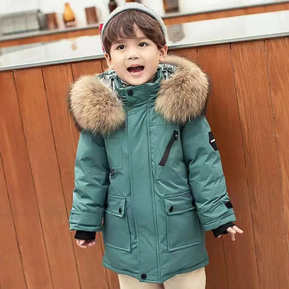 Kids’ Thick Velvet-Lined Winter Parka – Warm Cotton-Padded Coat with Fur Collar & Hood for Boys and Girls