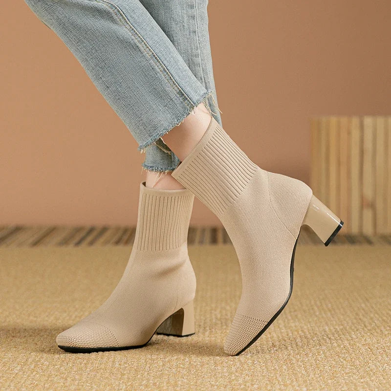 Women's Knitted Sock Boots – Pointed Toe High Heel Mid-Calf Boots, Stretch Fabric Slip-On Design for Spring & Autumn, Plus Size 43