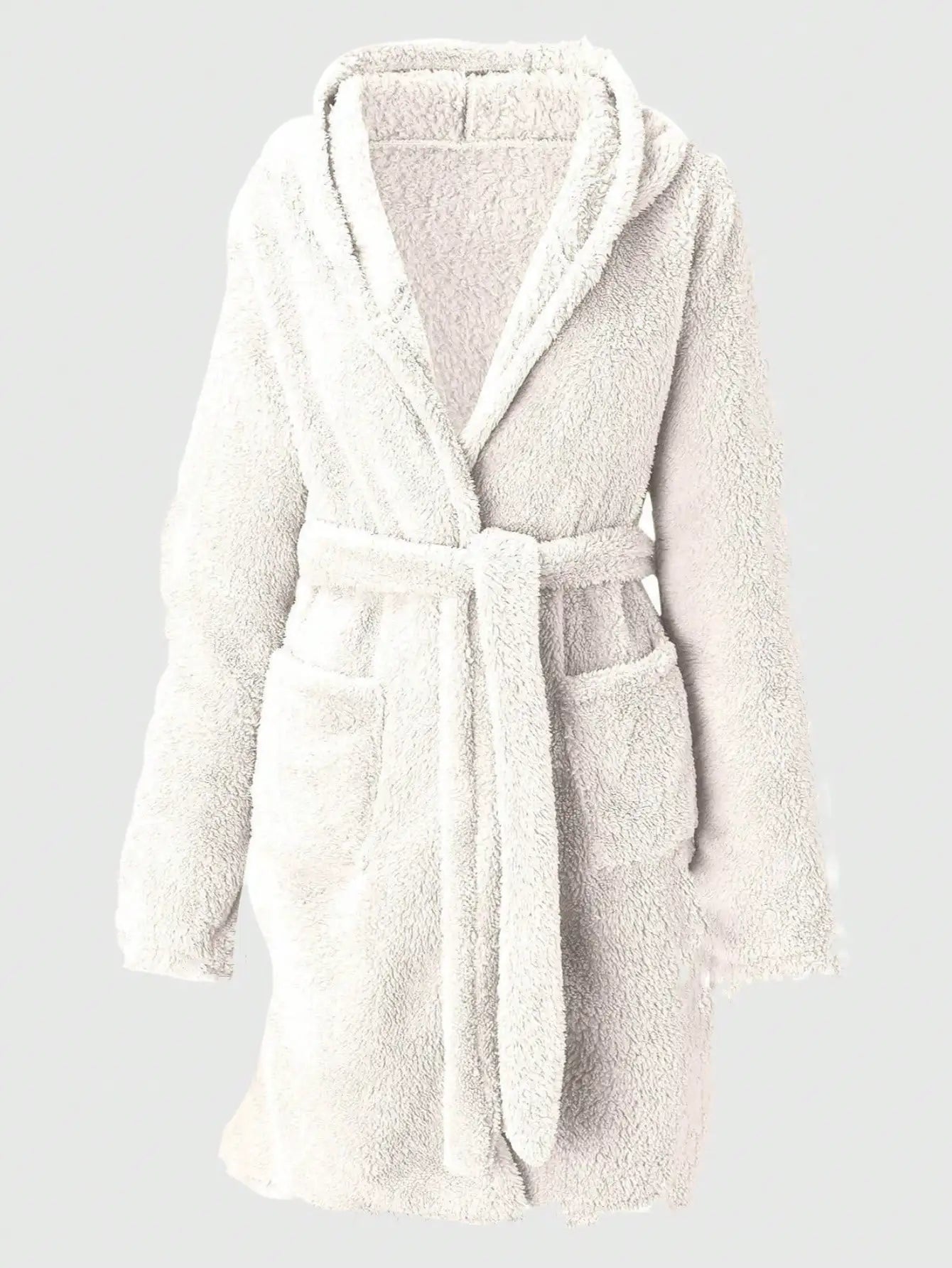 Women’s Hooded Fleece Robe – Solid Color Cozy Warm Bathrobe with Belt for Autumn & Winter Home Wear