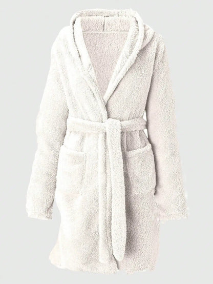 Women’s Hooded Fleece Robe – Solid Color Cozy Warm Bathrobe with Belt for Autumn & Winter Home Wear