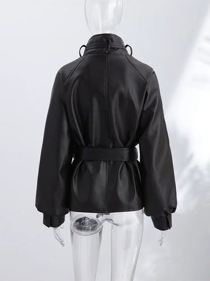 Women’s PU Leather Jacket – High Neck Long-Sleeve Coat with Single-Breasted Closure & Belted Loose Fit, Chic Autumn Outerwear