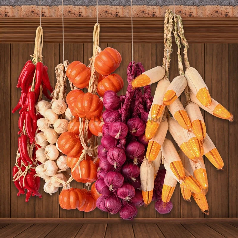 Artificial Foam Vegetable Hanging Decor – Chili Pepper, Garlic & Pumpkin String for Kitchen, Farmhouse, Home & Party Decoration