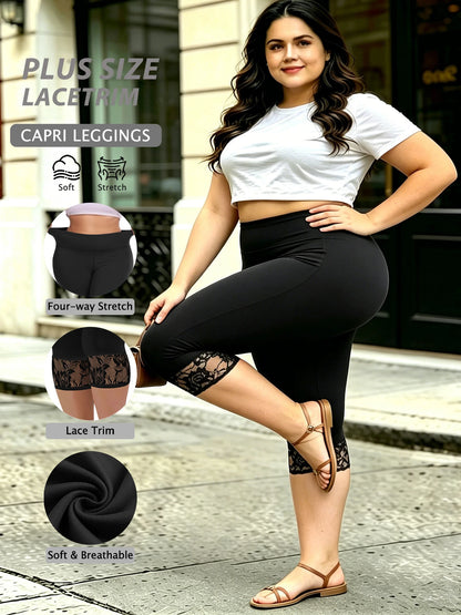 Women's Plus Size Lace Trim Capri Leggings – Stretchy Cropped Tights for Summer, Casual Everyday Pants with Elegant Lace Detail