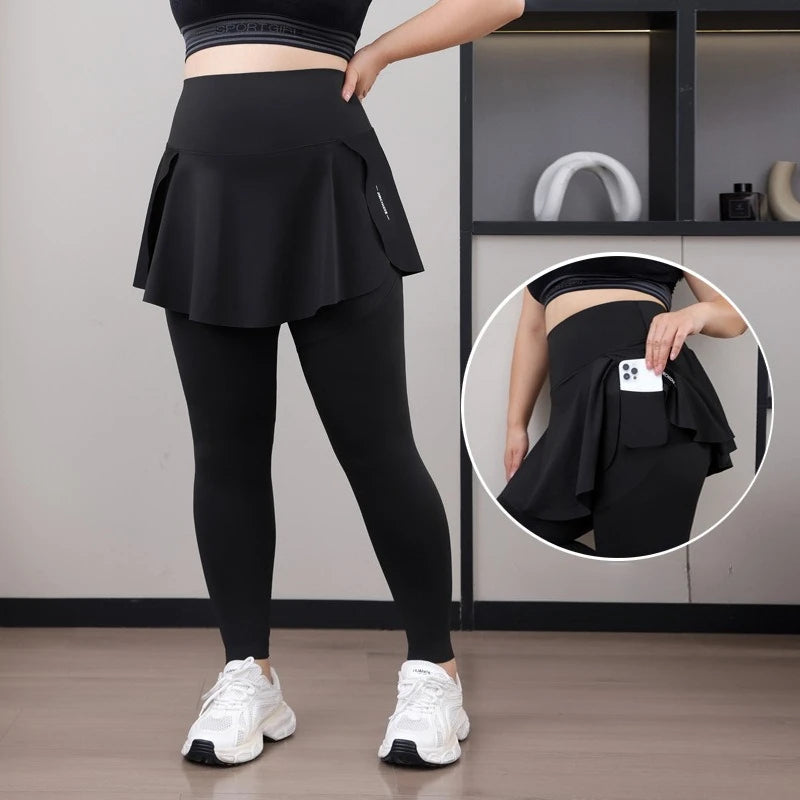 Plus Size Women's 2-in-1 Skirted Leggings – High-Waist Yoga & Training Pants with Pockets, Sharkskin Fabric & Faux Two-Piece Design