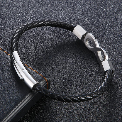 MKENDN Classic No. 8 Infinity Bracelet – Unisex Braided Leather Wristband with 316L Stainless Steel Details, Fashion Jewelry Gift