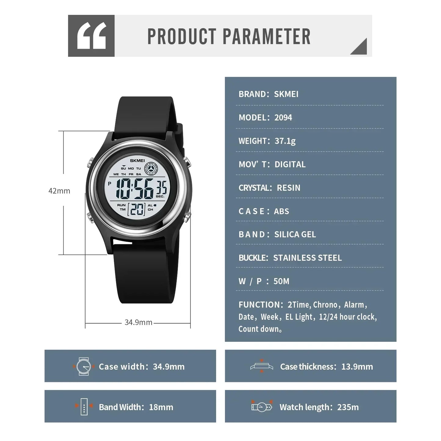 SKMEI 2094 Waterproof Shockproof Digital Sport Watch (Women’s Luxury Countdown Stopwatch)