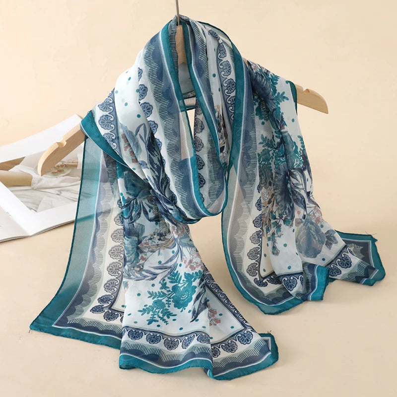 Women's Printed Chiffon Scarf Shawl – Lightweight Silk-Feel Long Wrap for Beach, Travel & Outdoor Wear, Fashion Headband Accessory