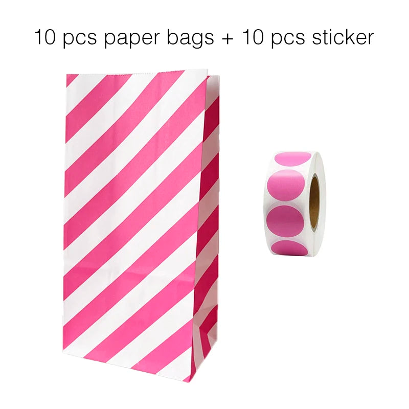 10PCS Stand-Up Colorful Gift Bags with Stickers – Solid, Striped & Polka Dot Treat Bags for Wedding, Birthday & Party Favors (18×9×6cm)