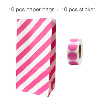 10PCS Stand-Up Colorful Gift Bags with Stickers – Solid, Striped & Polka Dot Treat Bags for Wedding, Birthday & Party Favors (18×9×6cm)