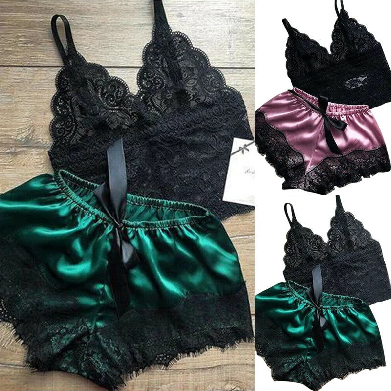 Ensemble de pyjama 2 pièces en dentelle pour femme – Caraco babydoll et short, lingerie de nuit douce