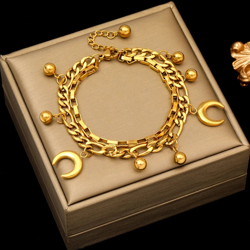 Pulsera de acero inoxidable 316L con dijes de estrellas de mar, luna y estrellas doradas – Cadena de muñeca moderna para mujer, regalo de joyería para fiestas
