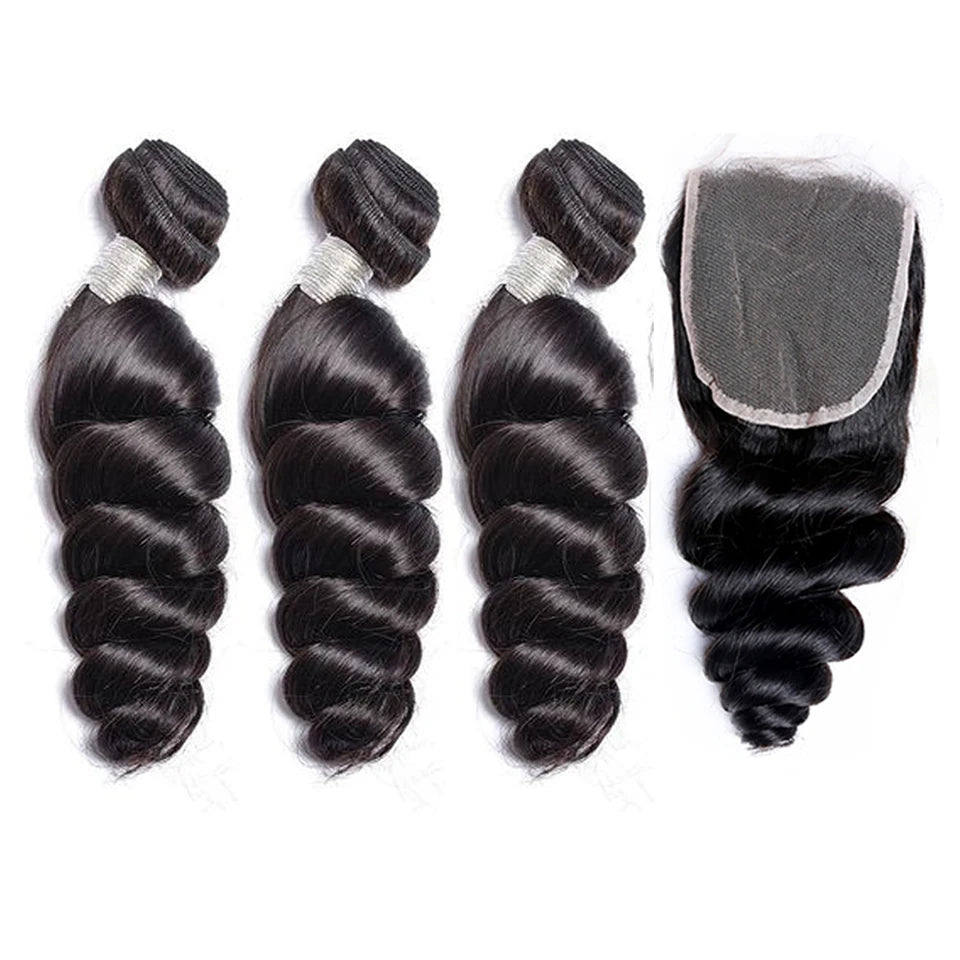 Paquetes de cabello humano indio con ondas sueltas y cierre de encaje – Extensiones de cabello natural de 3 o 4 paquetes