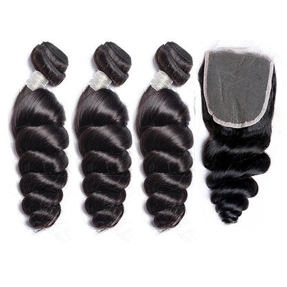 Paquetes de cabello humano indio con ondas sueltas y cierre de encaje – Extensiones de cabello natural de 3 o 4 paquetes