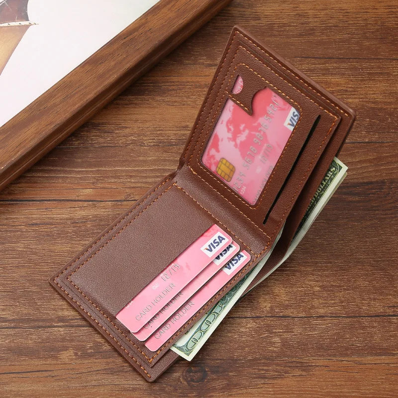 Men's Lychee Texture Leather Wallet Short Card Holder with Coin Pocket & Cash Compartment