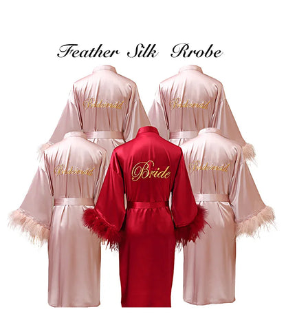 Women’s Feather Satin Robe – Bride Bridesmaid Wedding Kimono Bathrobe V-Neck Nightgown Lingerie