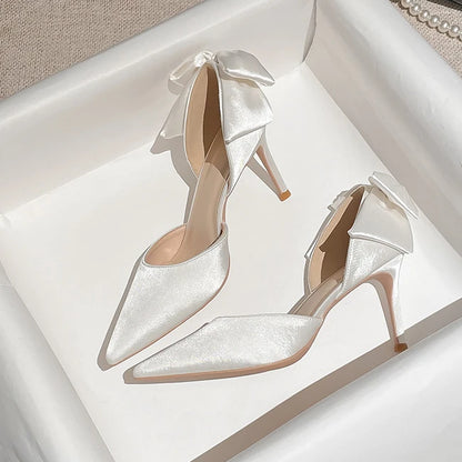 Zapatos de tacón de aguja con lazo de satén para mujer, elegantes, de punta fina, para boda