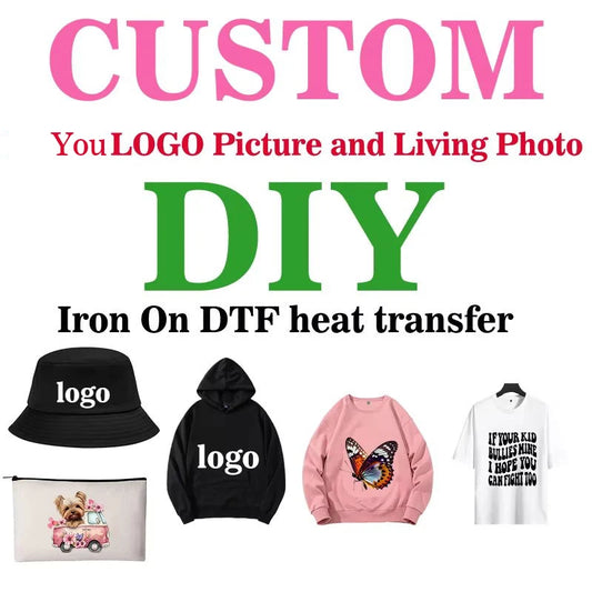 Pegatinas personalizadas de transferencia térmica DTF – Transferencias termoadhesivas listas para aplicar de logos y fotos para ropa | Parches térmicos lavables DIY para camisetas