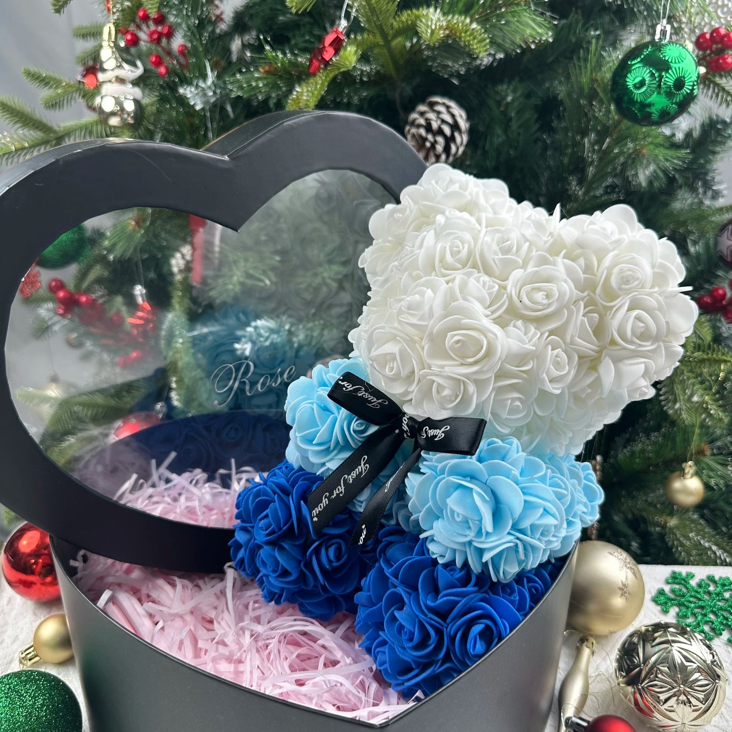 Oso de rosas artificiales de 25 cm con caja de regalo – Regalo romántico para ella en San Valentín, aniversario y boda