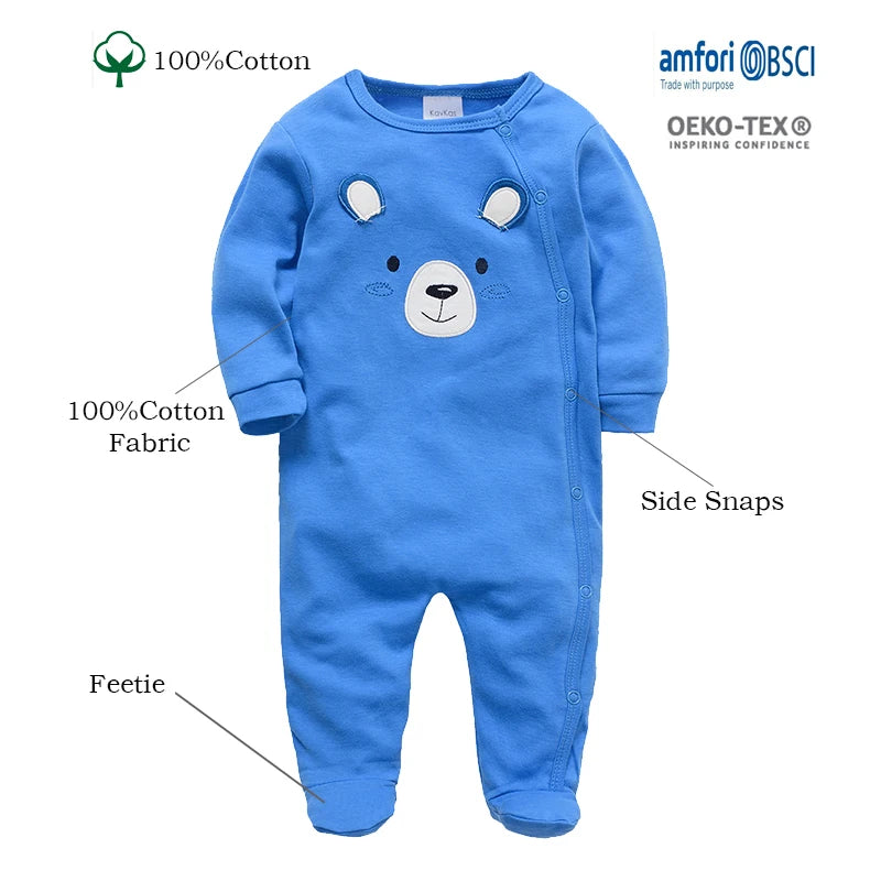 Spring Baby Boy Cotton Romper – Blue Bear Print Knit Jumpsuit & Newborn Overalls Pajamas, Soft Casual Outfit for Infants & Toddlers
