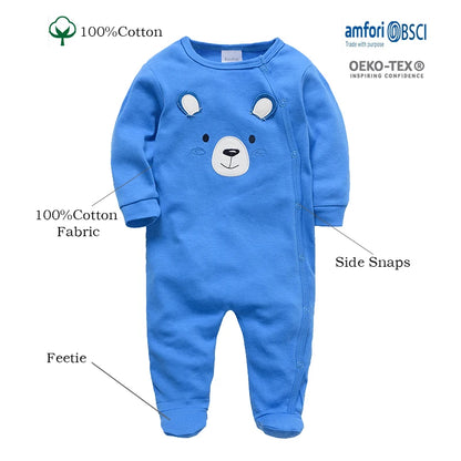 Spring Baby Boy Cotton Romper – Blue Bear Print Knit Jumpsuit & Newborn Overalls Pajamas, Soft Casual Outfit for Infants & Toddlers
