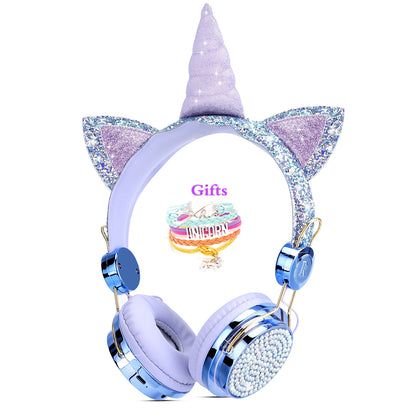Pink Unicorn Kids Headphones – Cute Diamond Wired Headset with Microphone for Girls & Children, Music Headphones, Birthday & Gift for Kids