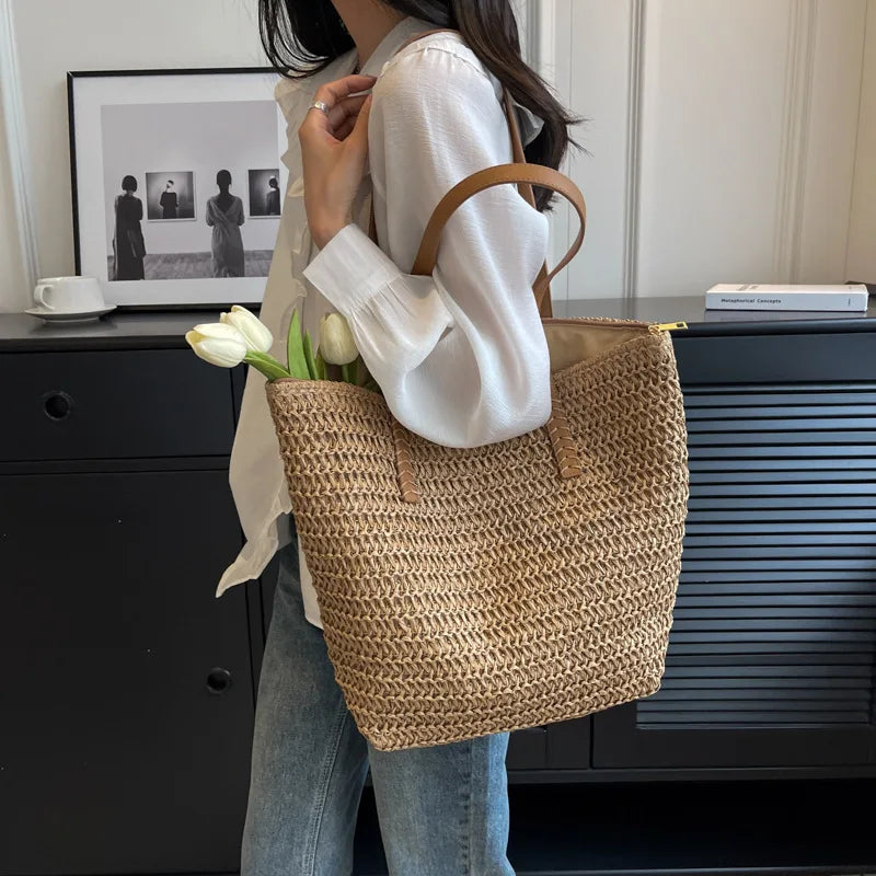 Bolso de Hombro de Paja Tejido a Mano para Mujer – Bolso Tote Bohemio de Verano para Playa, Bolso de Mano Tejido a la Moda 2025 para Viajes, Compras, Vacaciones y Uso Diario Casual
