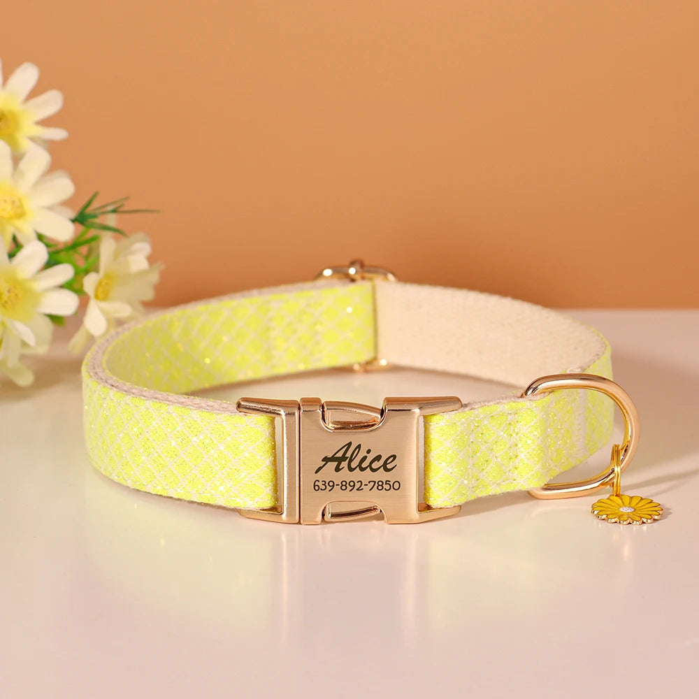 Custom Bling Nylon Dog Collar – Personalized Engraved ID Name Collar with Cute Flower Tag for Small & Medium Dogs and Cats