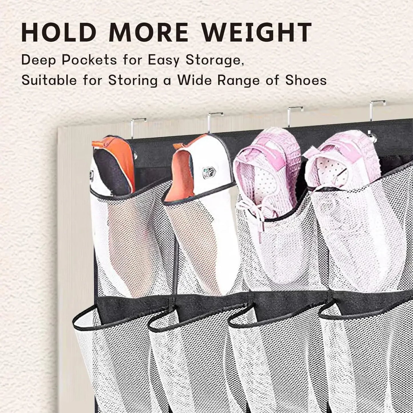 Over-the-Door Shoe Organizer - 12, 14 or 24 Pocket Hanging Shoe Storage with Large Mesh Pockets & 4 Hooks