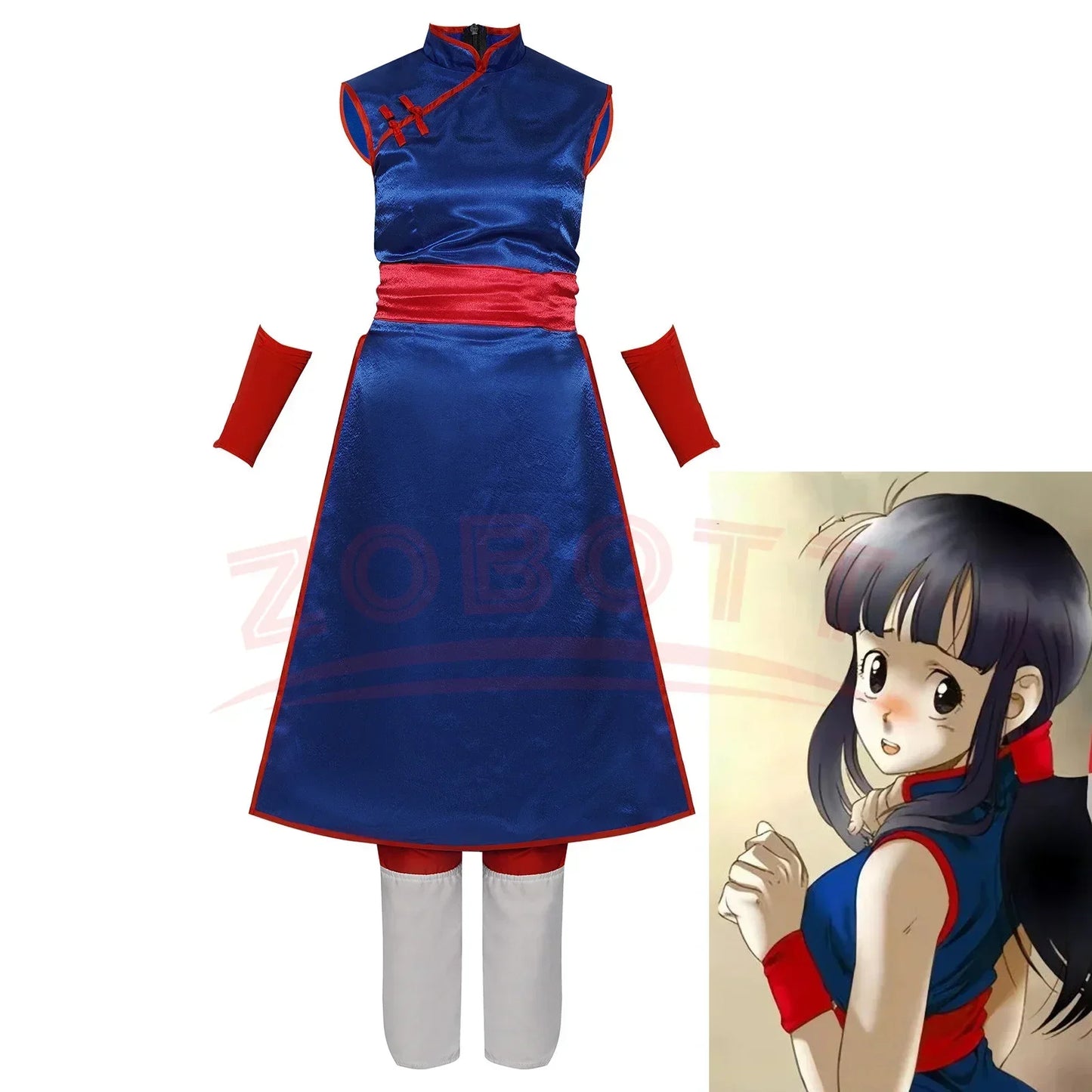 Anime Chi-Chi Cosplay Costume – Blue Uniform Cheongsam Dress Set with Shirt Props (Women’s Halloween Party Outfit)
