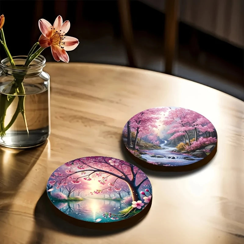 4/6PCS Wooden Coasters – Cherry Blossom, Kimono & Mount Fuji Japanese-Style Design Coffee Table Drink Mats for Home & Dining