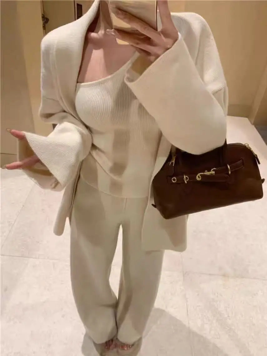 Women’s French Style 3-Piece Knit Sweater Set – Cardigan, Vest & High-Waisted Wide-Leg Pants, Elegant Casual Outfit