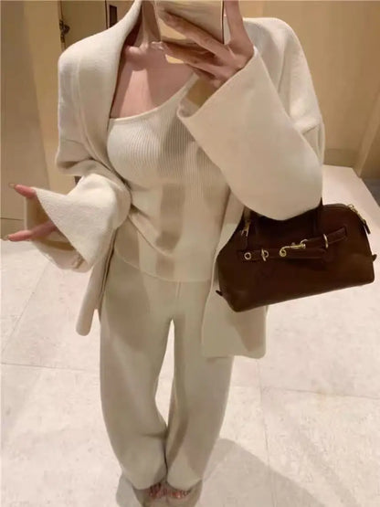 Women’s French Style 3-Piece Knit Sweater Set – Cardigan, Vest & High-Waisted Wide-Leg Pants, Elegant Casual Outfit