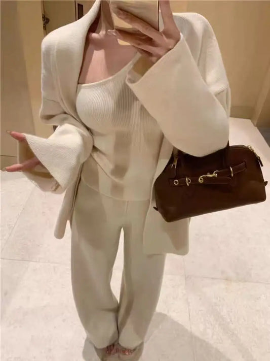 Women’s French Style 3-Piece Knit Sweater Set – Cardigan, Vest & High-Waisted Wide-Leg Pants, Elegant Casual Outfit