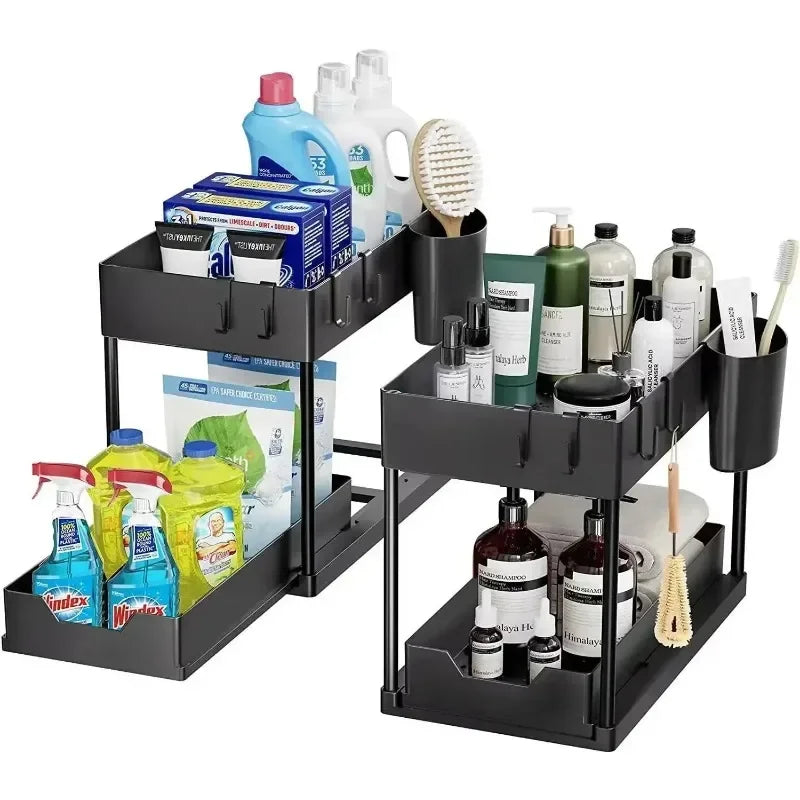 2-Tier Kitchen Sink Organizer – Sliding Cabinet Basket with Hooks & Cups for Space-Saving Storage