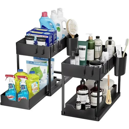 2-Tier Kitchen Sink Organizer – Sliding Cabinet Basket with Hooks & Cups for Space-Saving Storage