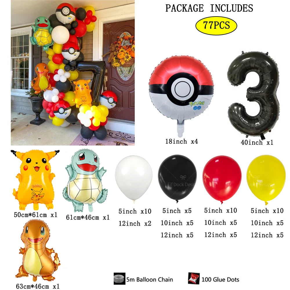 77pcs Pokémon Pikachu & Squirtle Balloon Garland Set – Red, Black & Yellow Latex Balloons for Kids Birthday Party & Baby Shower Decorations
