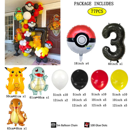 77pcs Pokémon Pikachu & Squirtle Balloon Garland Set – Red, Black & Yellow Latex Balloons for Kids Birthday Party & Baby Shower Decorations