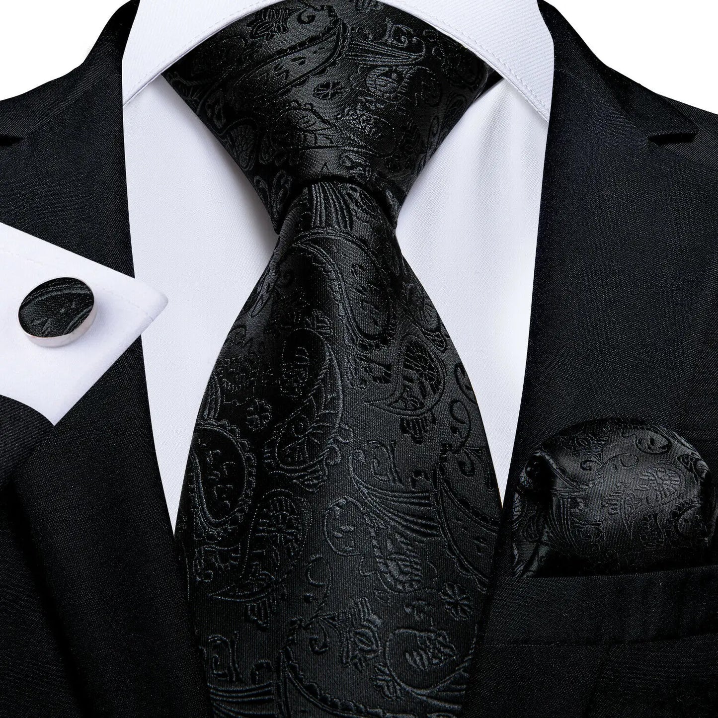 Set de corbata negra para hombre con pañuelo de bolsillo y gemelos. Corbata tejida para ocasiones formales de negocios o bodas.