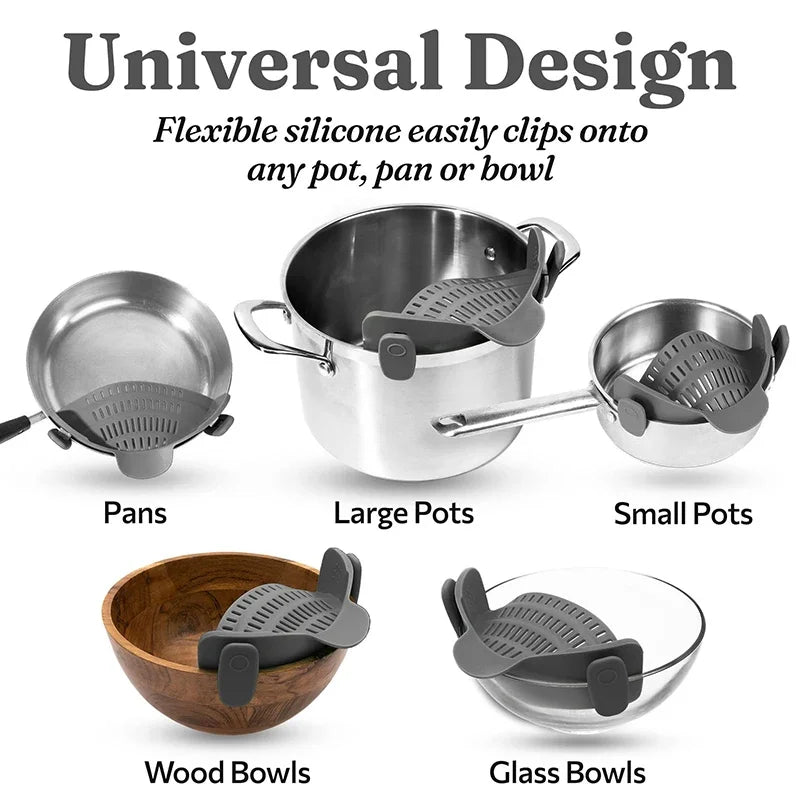 Universal Silicone Clip-On Pot Strainer – Food-Grade Anti-Spill Pasta Colander with Secure Pan Attachment, Reusable Fruit & Vegetable Drainer